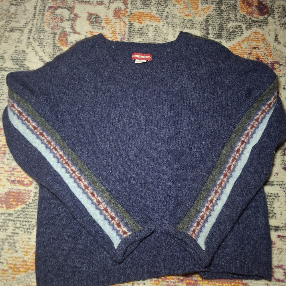UNIONBAY Navy Crewneck Sweater with Stripe Sleeve Detail
